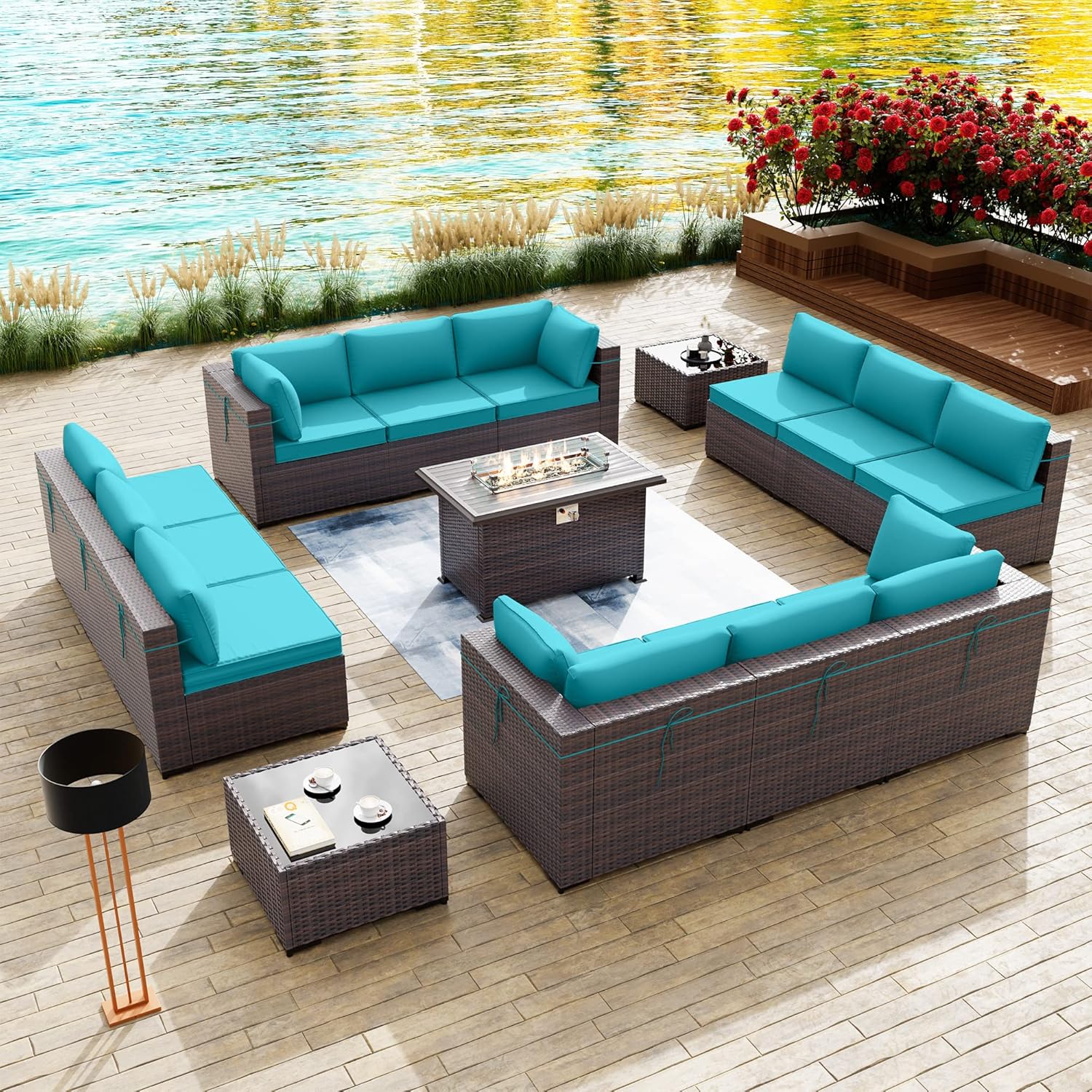 Kullavik 15 Pieces Outdoor Patio Furniture Set with Fire Pit