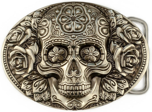 Santa Muerte Skull Belt Buckle for El Dia de Muertos Style