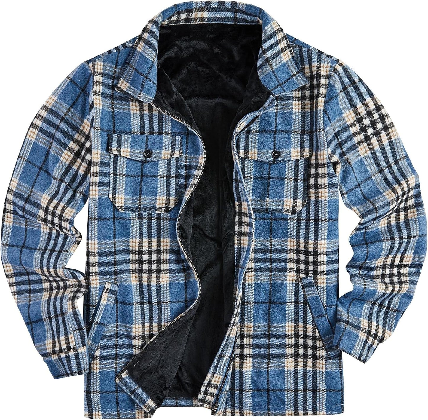 Mens Fleece Jacket Sherpa Lined Zip Up Buffalo Plaid Coat