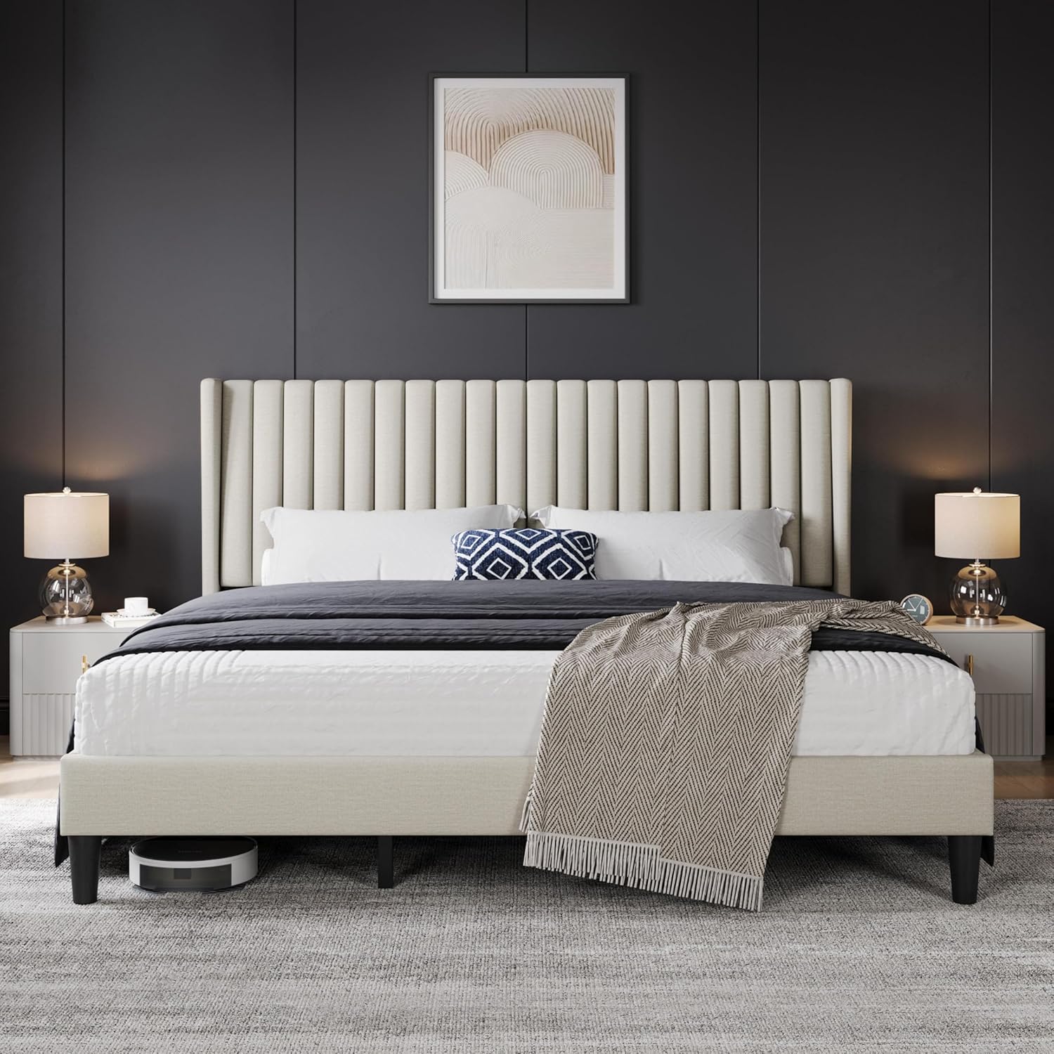 Yaheetech King Bed Frame with Upholstered Headboard Design