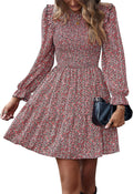 Long Sleeve Floral Smocked A-Line Mini Dress - Flowy Ruffle Fit