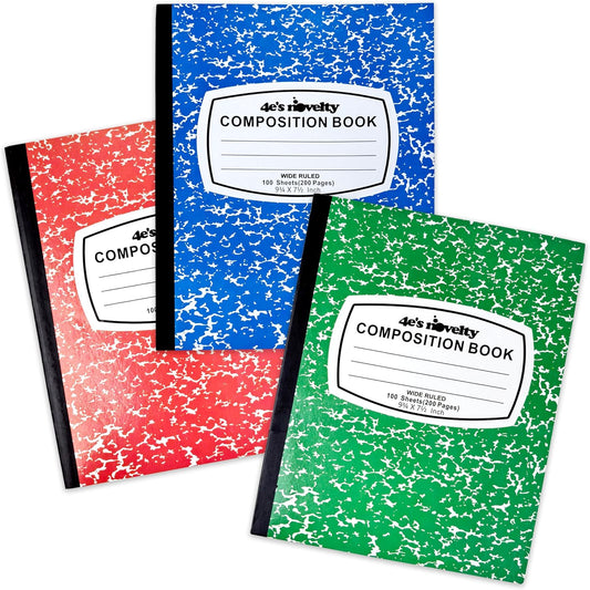 4E's Novelty: Cute Marble Composition Notebooks [3 Pack] - Wide Ruled 100 Sheets - Back to School Essential!