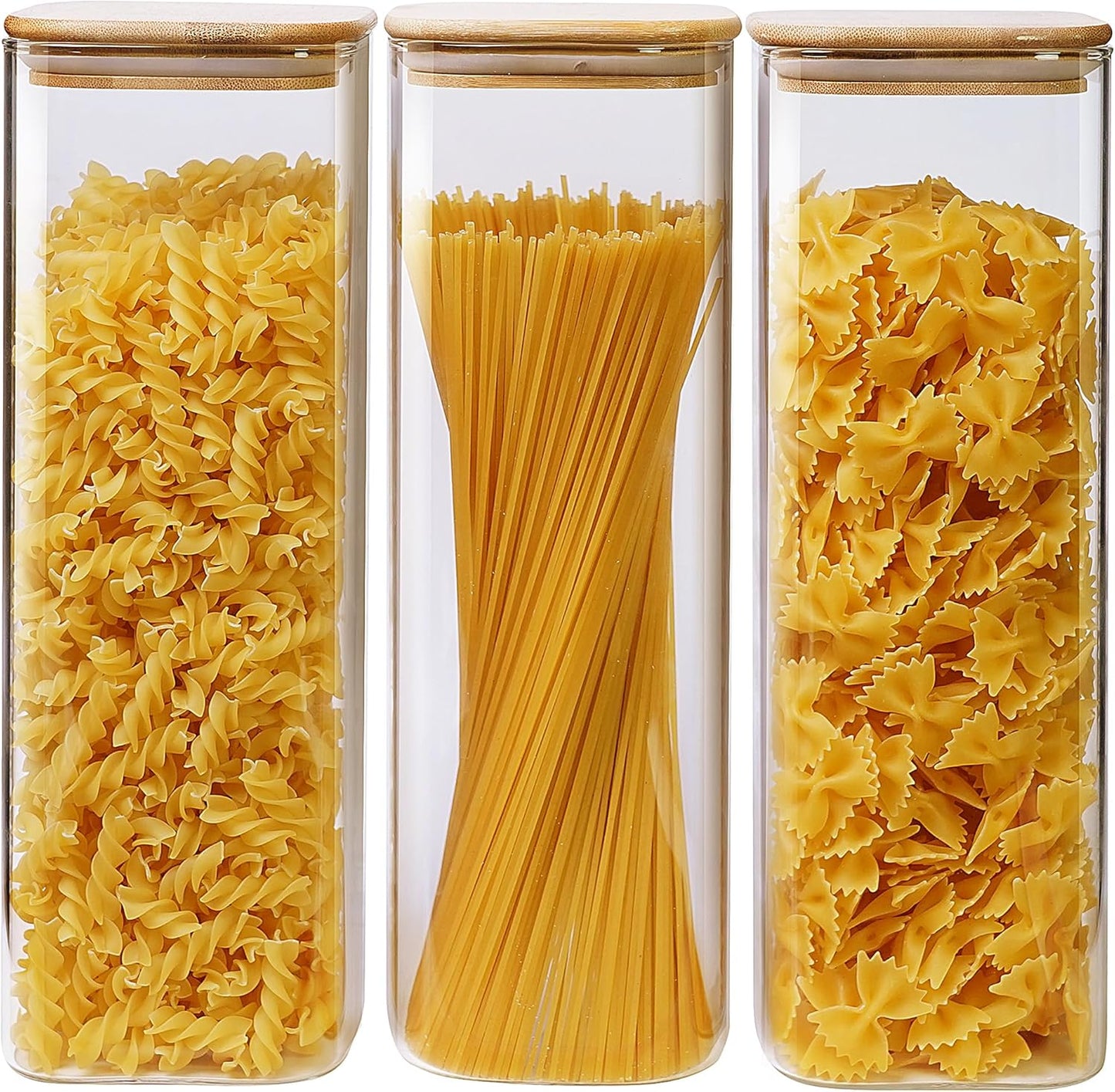 Square Glass Jars with Bamboo Lids for Food Storage - Set of 3