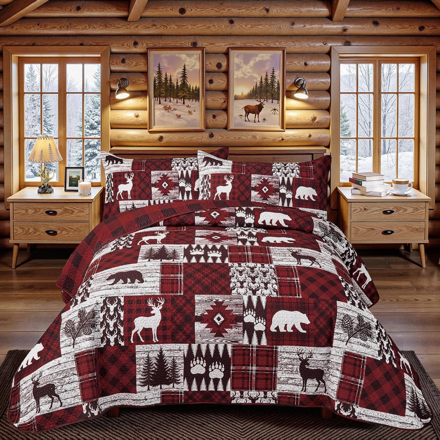 3 Piece Cabin Quilt Set for Full/Queen Size with Rustic Charm