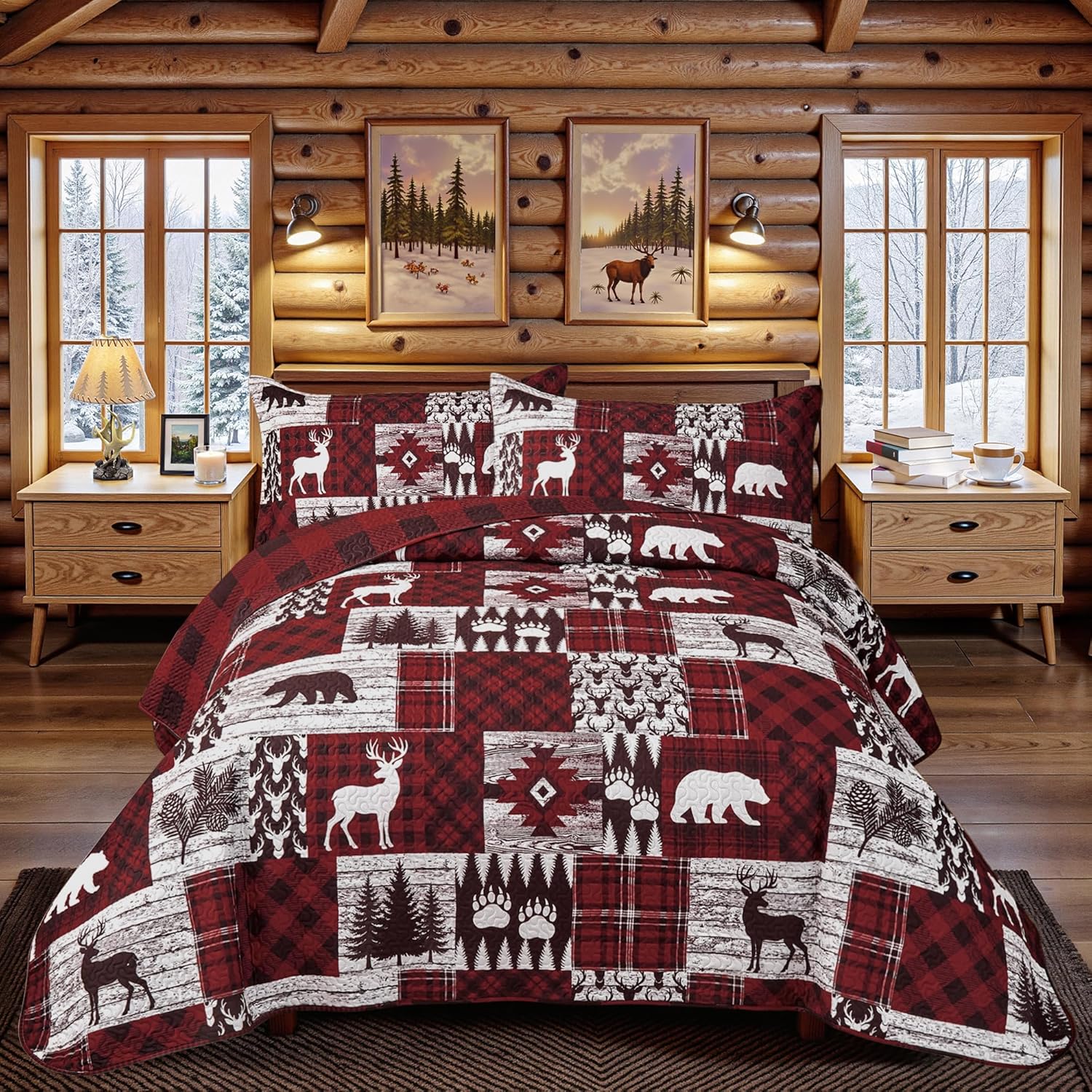 3 Piece Cabin Quilt Set for Full/Queen Size with Rustic Charm