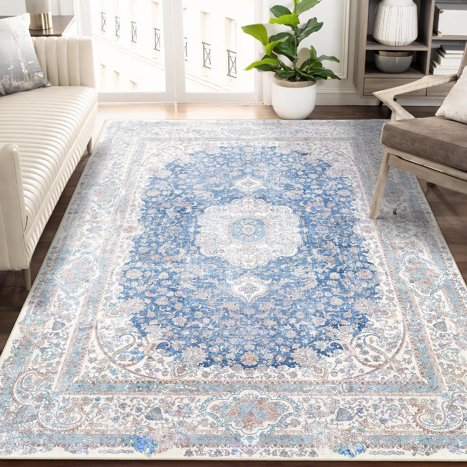 5x7 Area Rugs Washable Blue Boho Vintage Carpet for Home