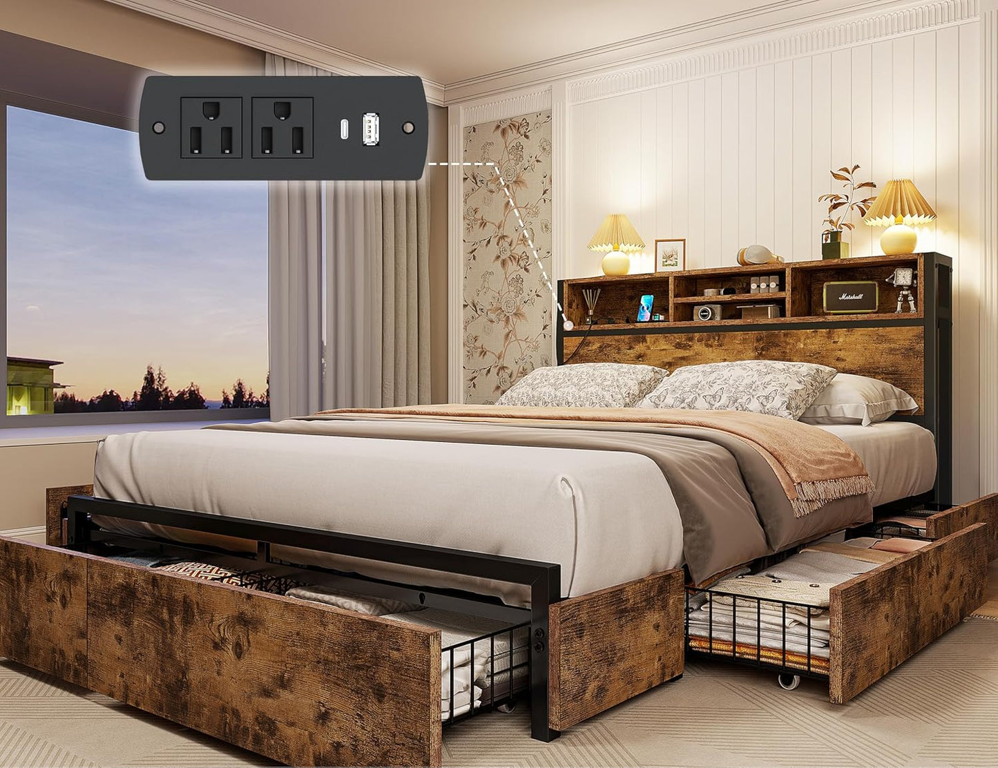EnHomee Full Size Bed Frame with 6 Storage Drawers and Headboard
