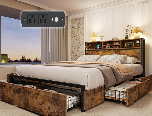 EnHomee Full Size Bed Frame with 6 Storage Drawers and Headboard