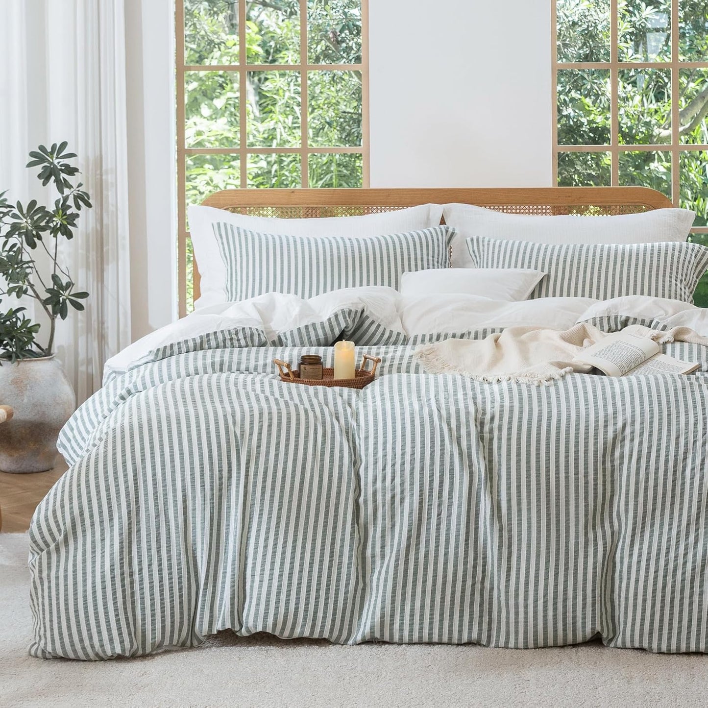 MILDLY Jacquard Stripe Duvet Cover Set in Sage Green for Comfort