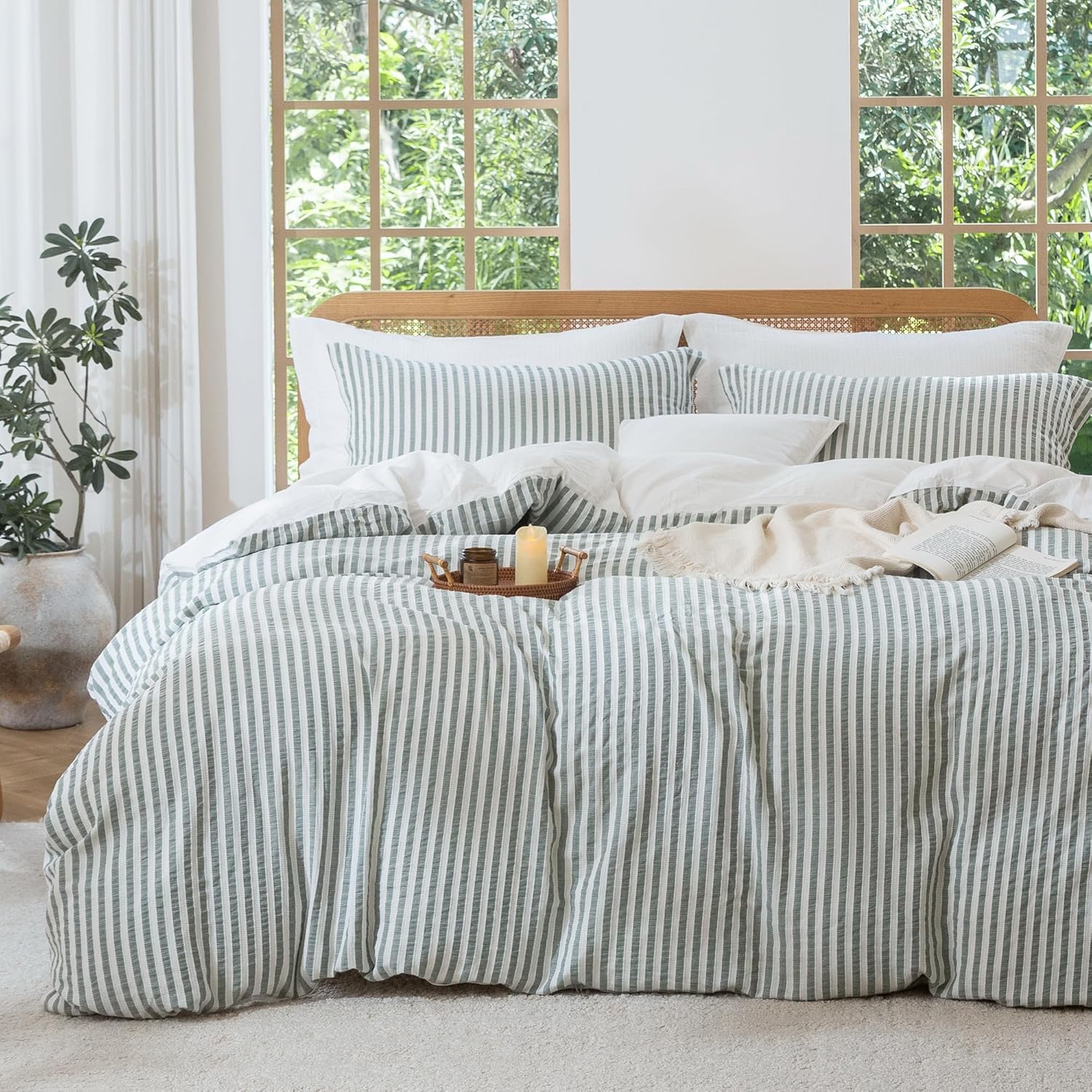 MILDLY Jacquard Stripe Duvet Cover Set in Sage Green for Comfort