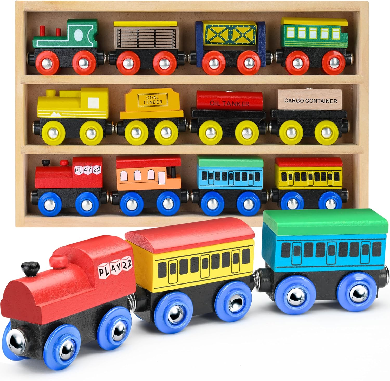 Wooden Train Set - 12 PCS Magnetic Engines - Compatible With All Brands
