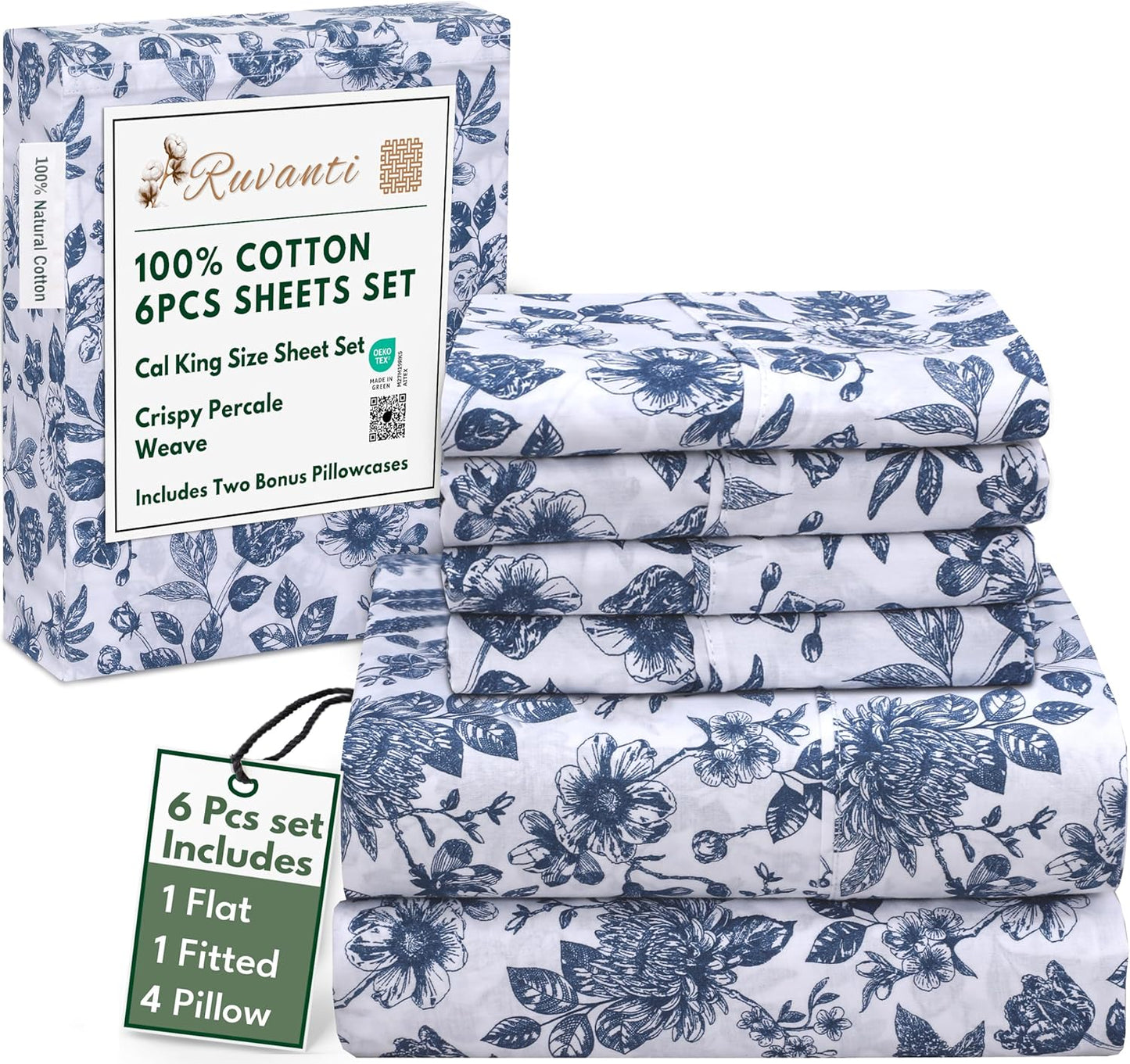 RUVANTI 6 Pcs Cotton Sheets for California King - Soft & Breathable
