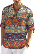 Men's Cotton Linen Henley Long Sleeve Shirt - Breathable Linen Blend