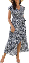 Women's Boho Floral V-Neck Faux Wrap Maxi Dress - Flowy Rayon Blend
