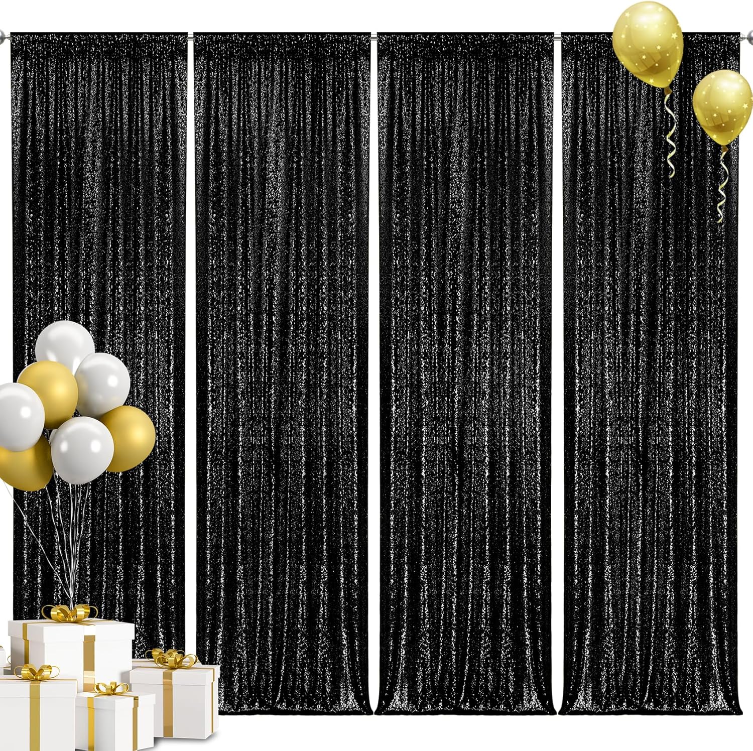 28FT Black Sequin Backdrop Curtains for Stunning Party Decor