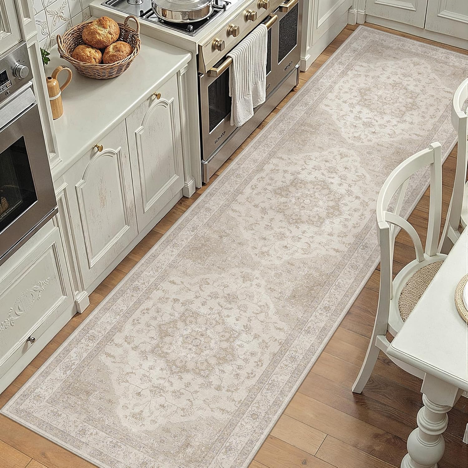 Beige Runner Rug 2ft 6inx8ft Washable Vintage Carpet for Home