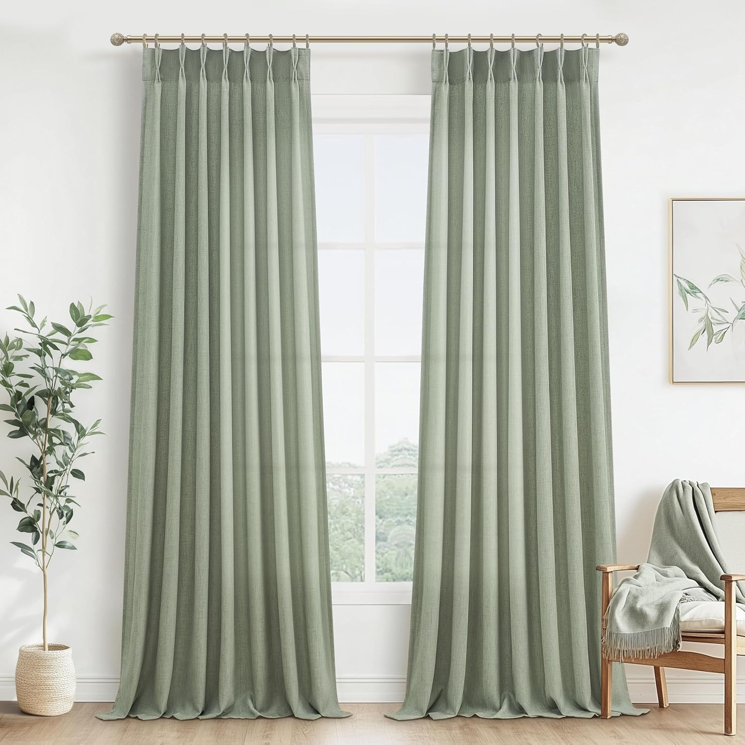 Extra Long Sage Green Thick Linen Sheer Curtains for Home Decor