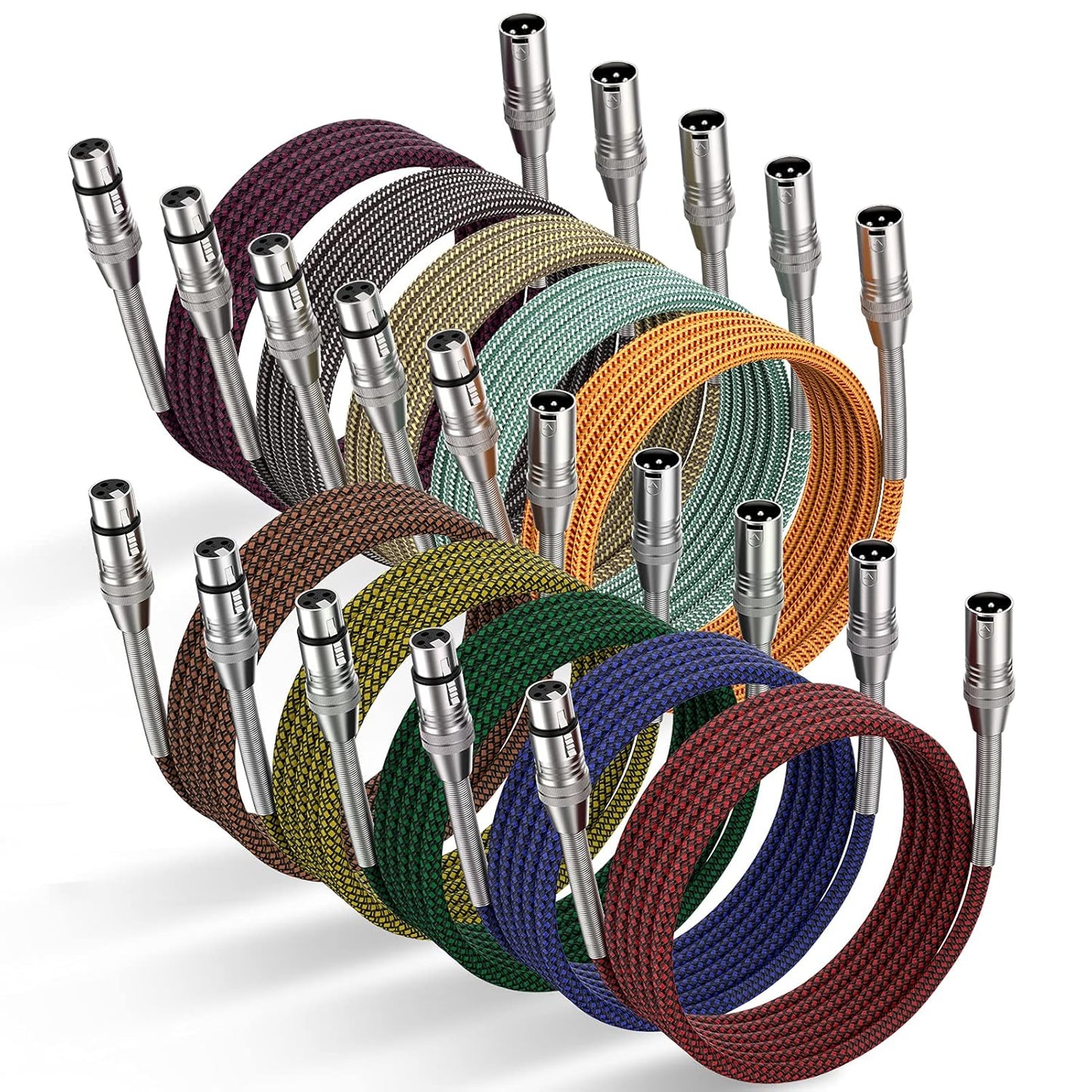 XLR Cable 3ft 10Pack - Multi-Color Heavy Duty Nylon Braided