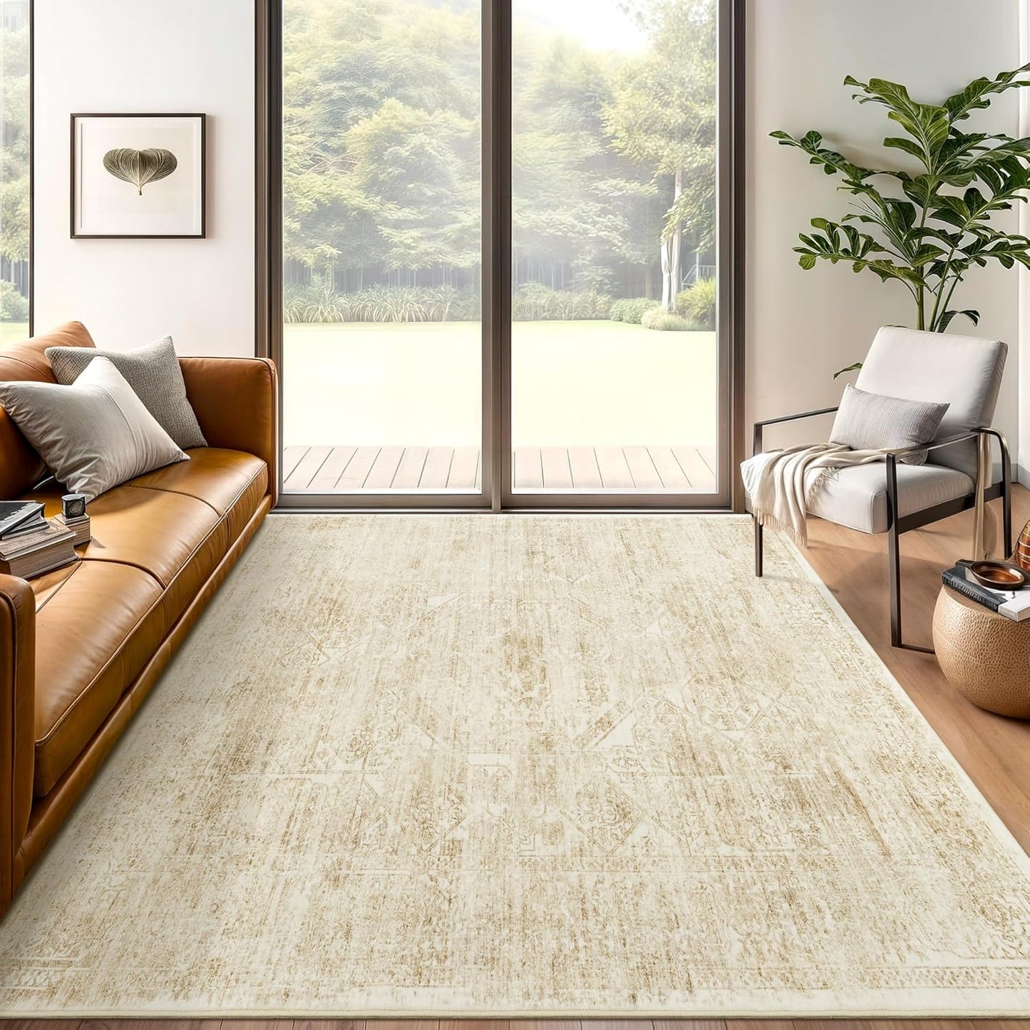 5x7 Area Rugs Beige Low Pile Indoor Washable Floral Design