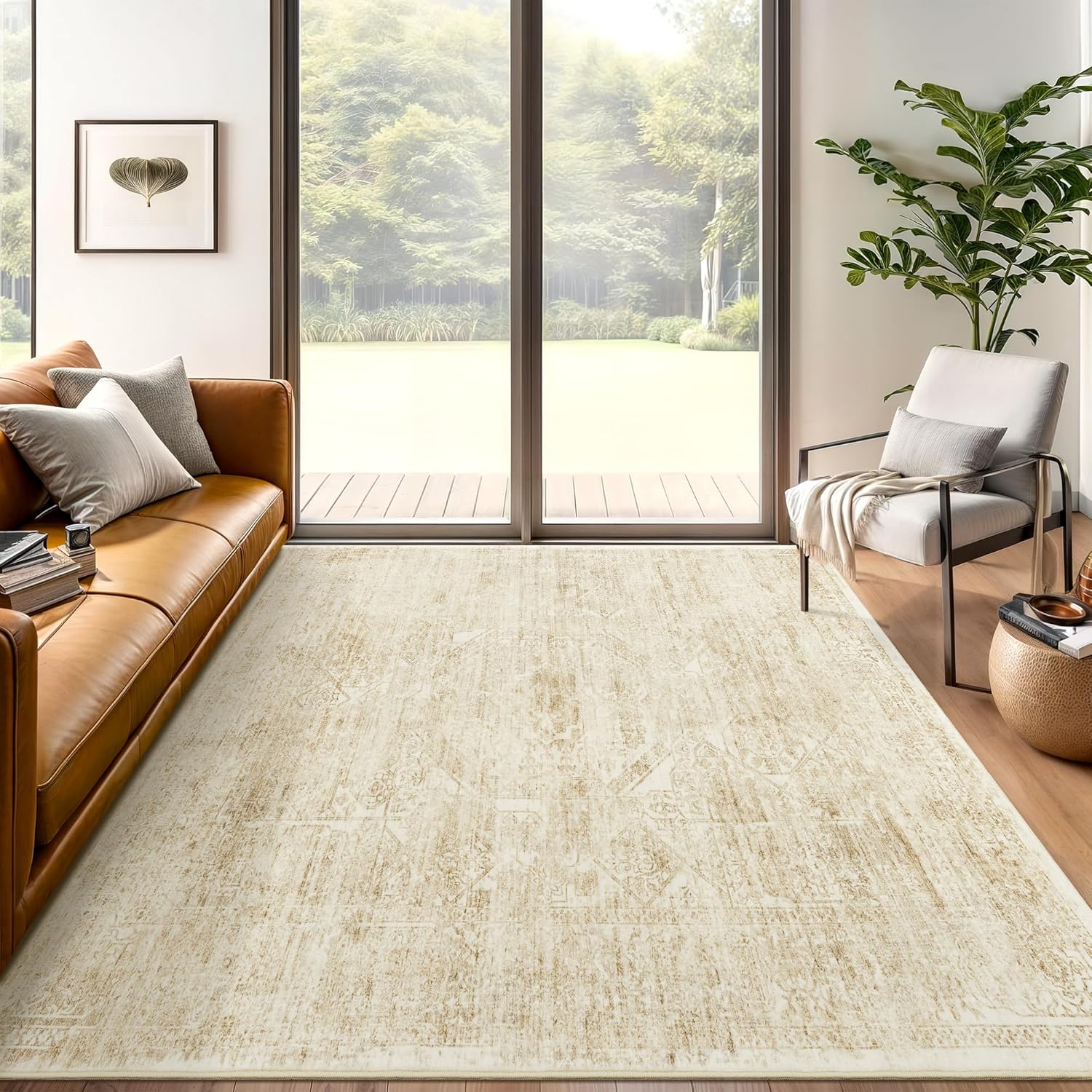 5x7 Area Rugs Beige Low Pile Indoor Washable Floral Design