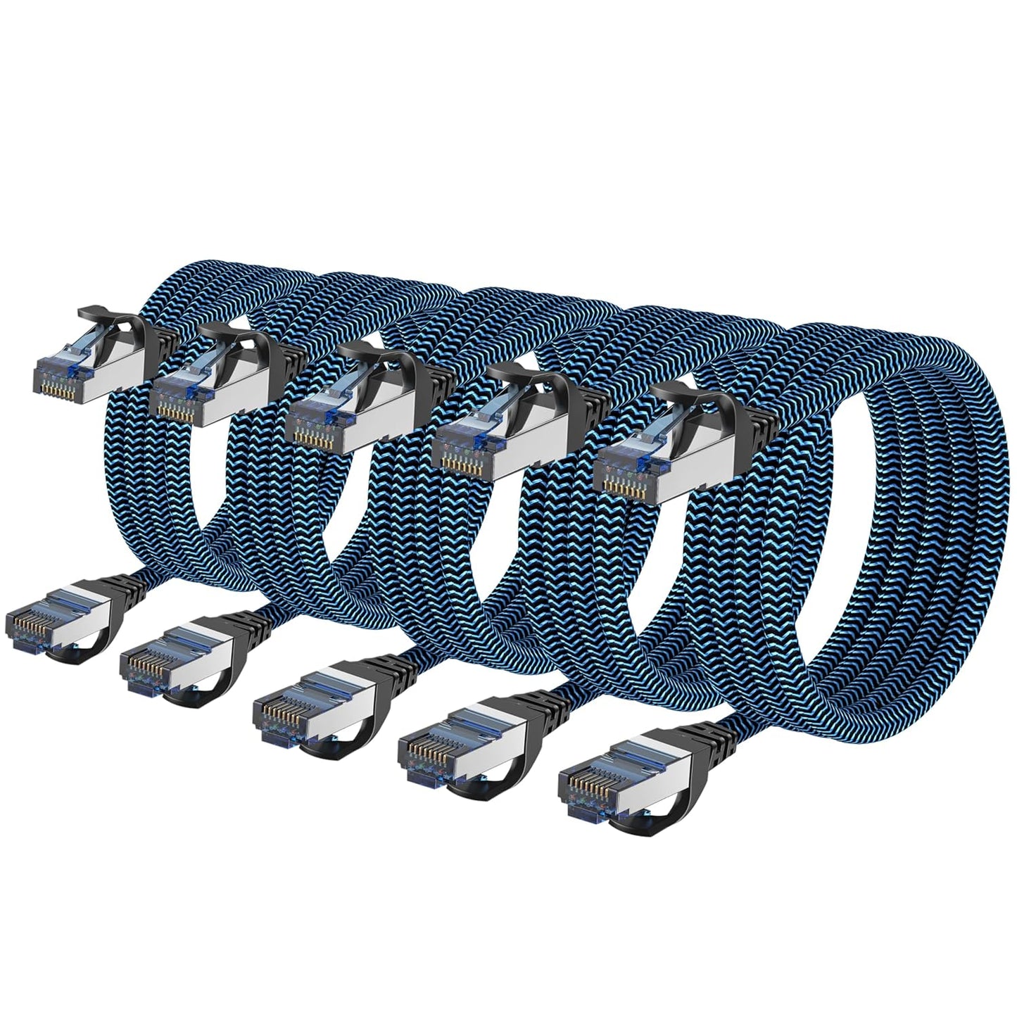 5-Pack CAT8 Ethernet Cables 5ft: 40Gbps Speed, 2000MHz, Braided, Blue for Gaming