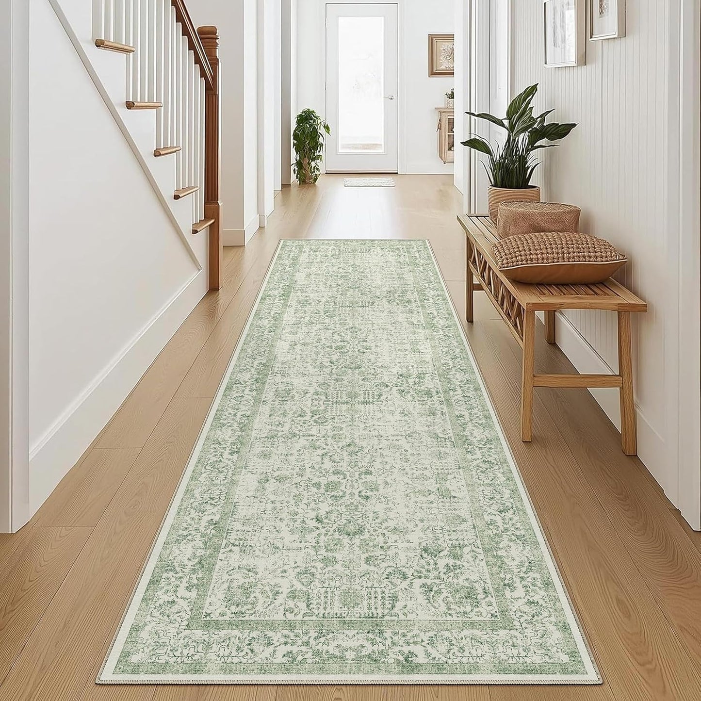Vintage Distressed Runner Rug 2x8 in Sage Green for Home