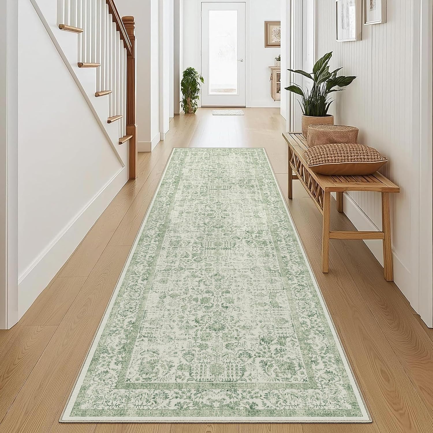 Vintage Distressed Runner Rug 2x8 in Sage Green for Home
