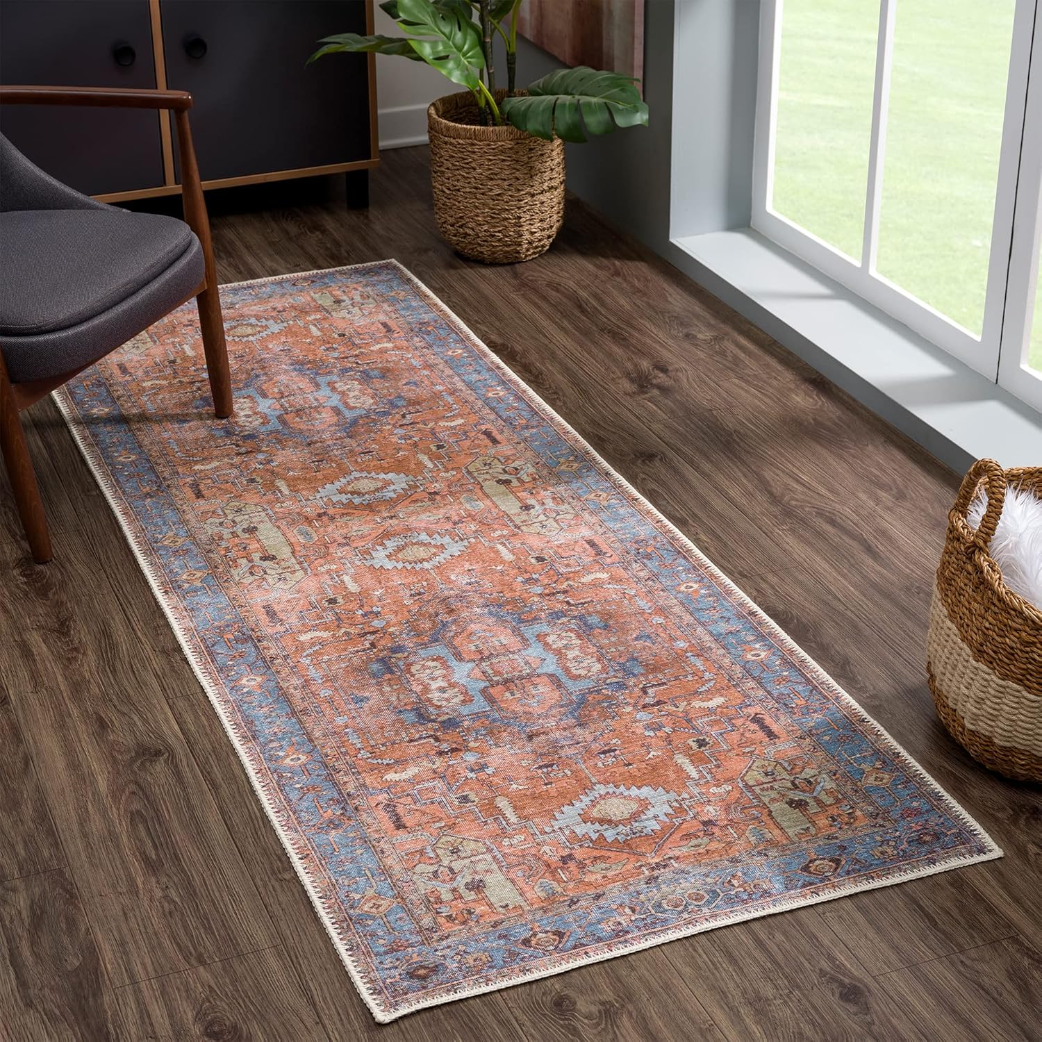 Bloom Rugs Washable 7 ft Runner - Stylish Terracotta/Blue Design