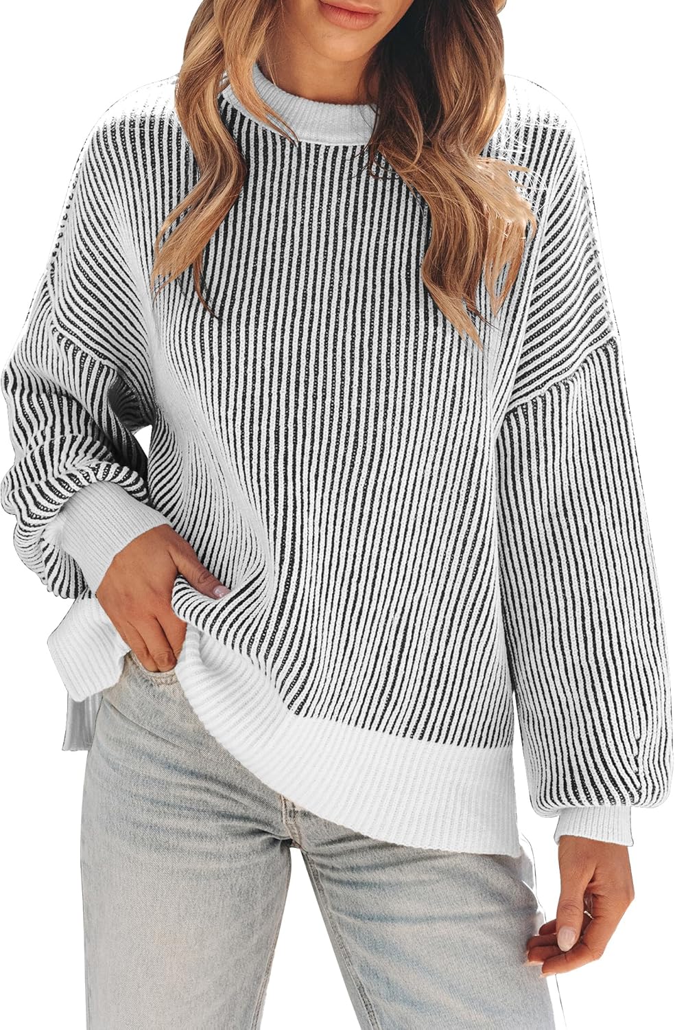 Womens Oversized Colorblock Striped Knit Pullover Sweater