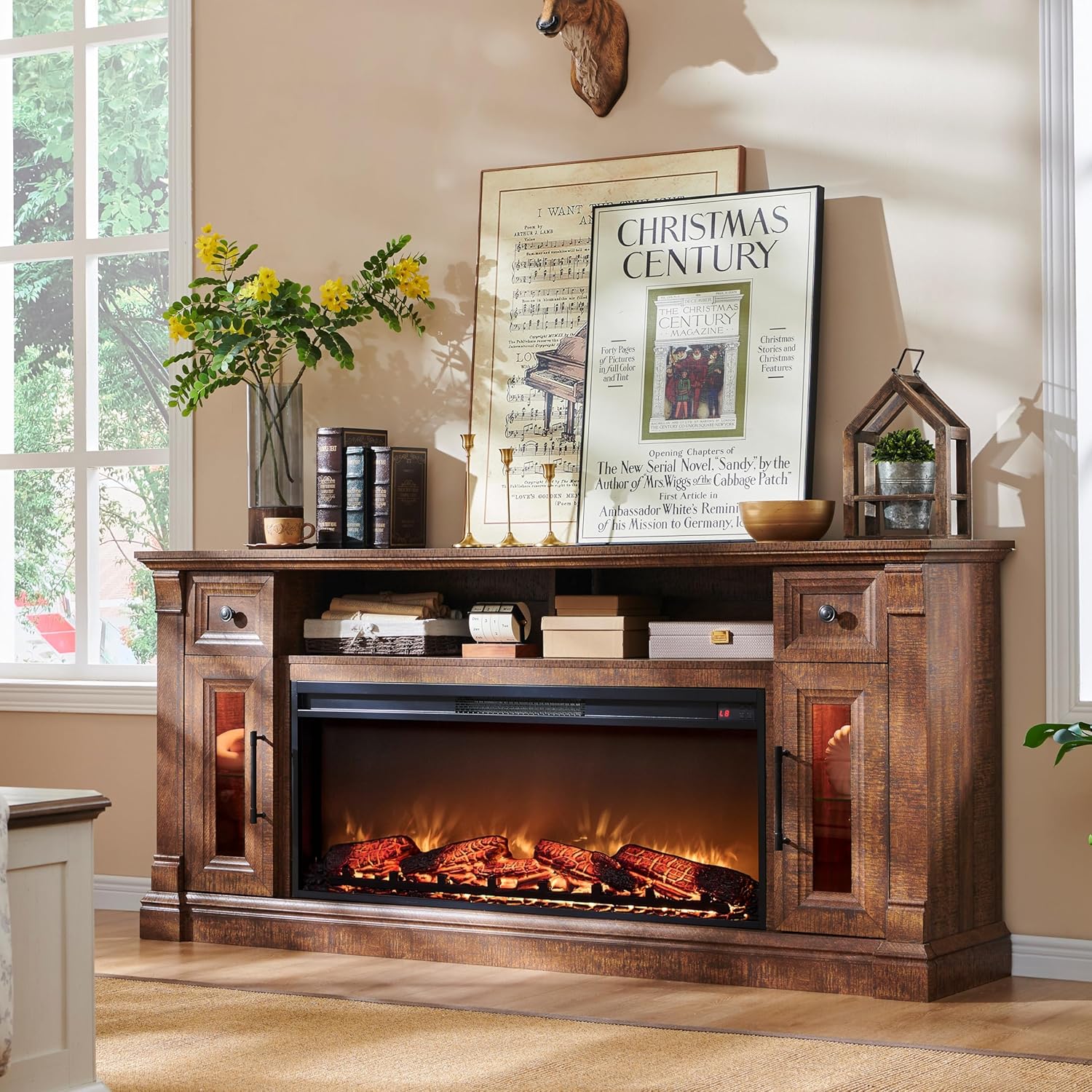 Cozy Living Room Ambiance: Farmhouse Fireplace TV Stand