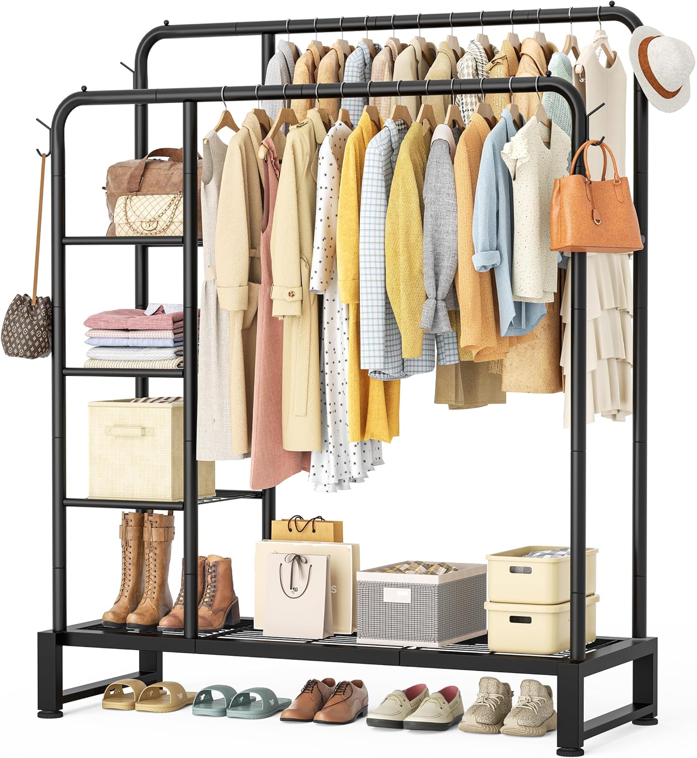 Double Rods Clothes Rack with 4 Tier Storage Shelves for Organizing