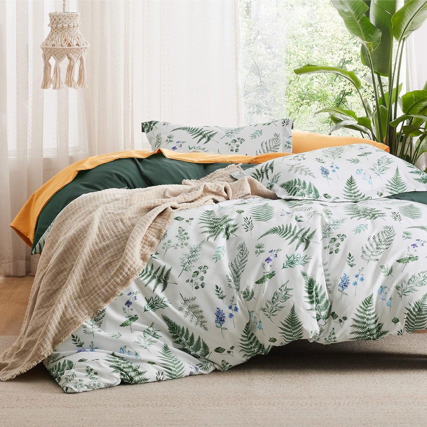 Reversible Plants Duvet Cover Set King Size with Zipper Closure