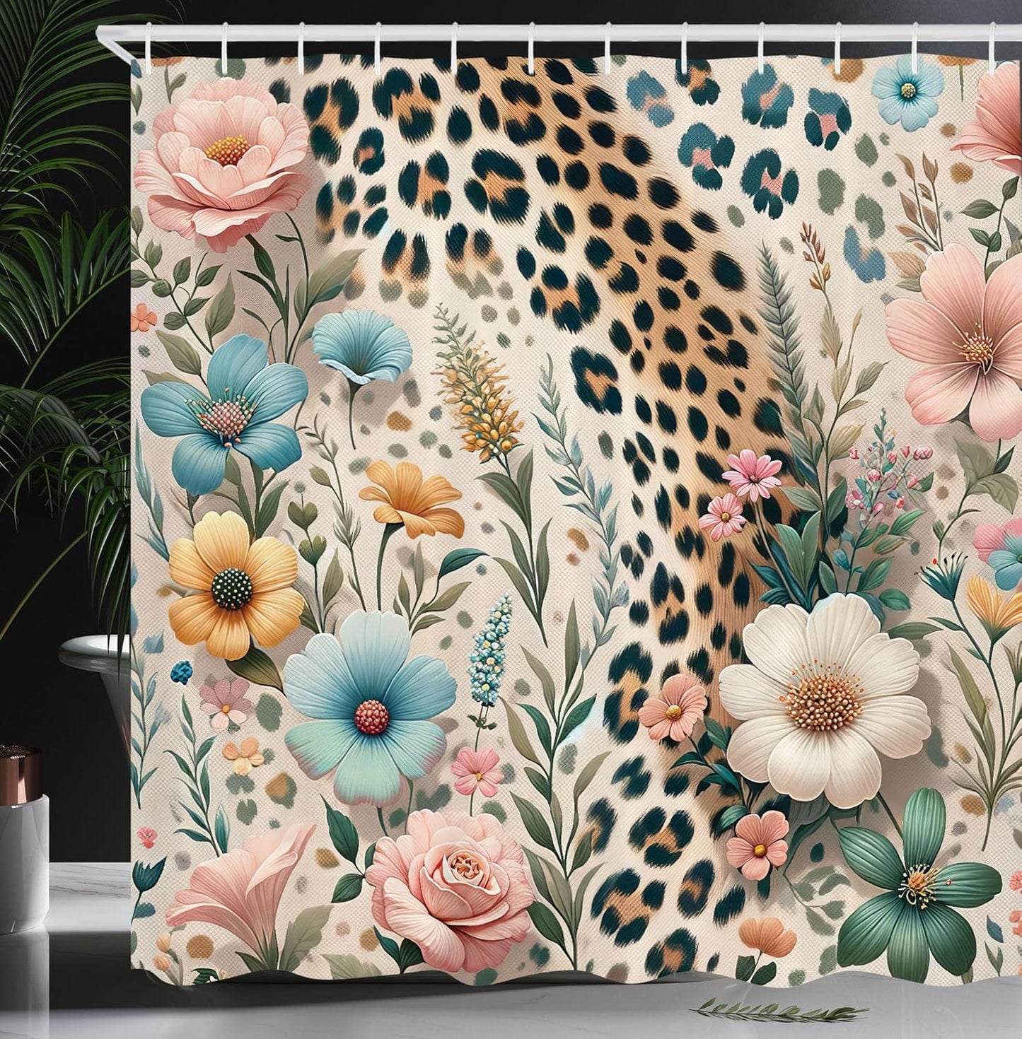 Leopard Print Shower Curtain - Wild Spring Meadow Blooms - Bathroom Decor