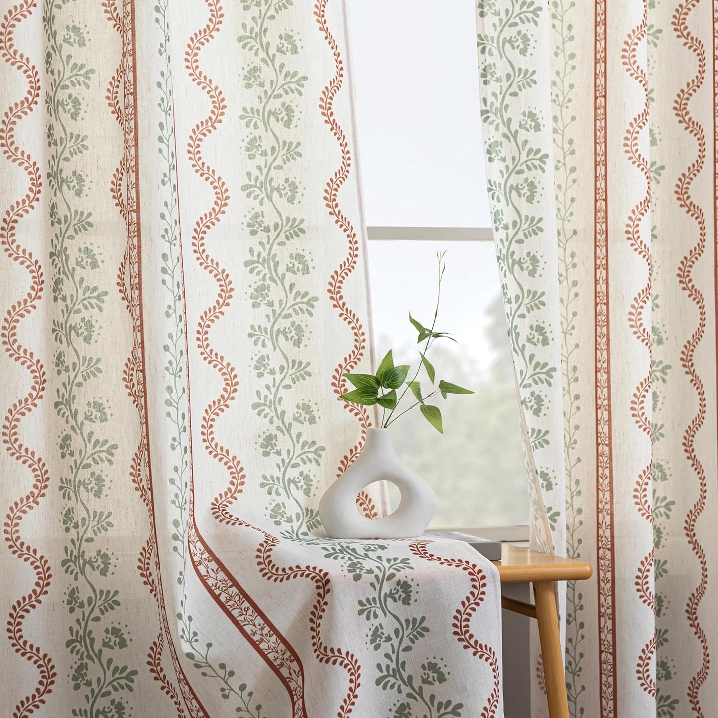 Bohemian Floral Curtains for Living Room - 63 Inch Linen Sheers