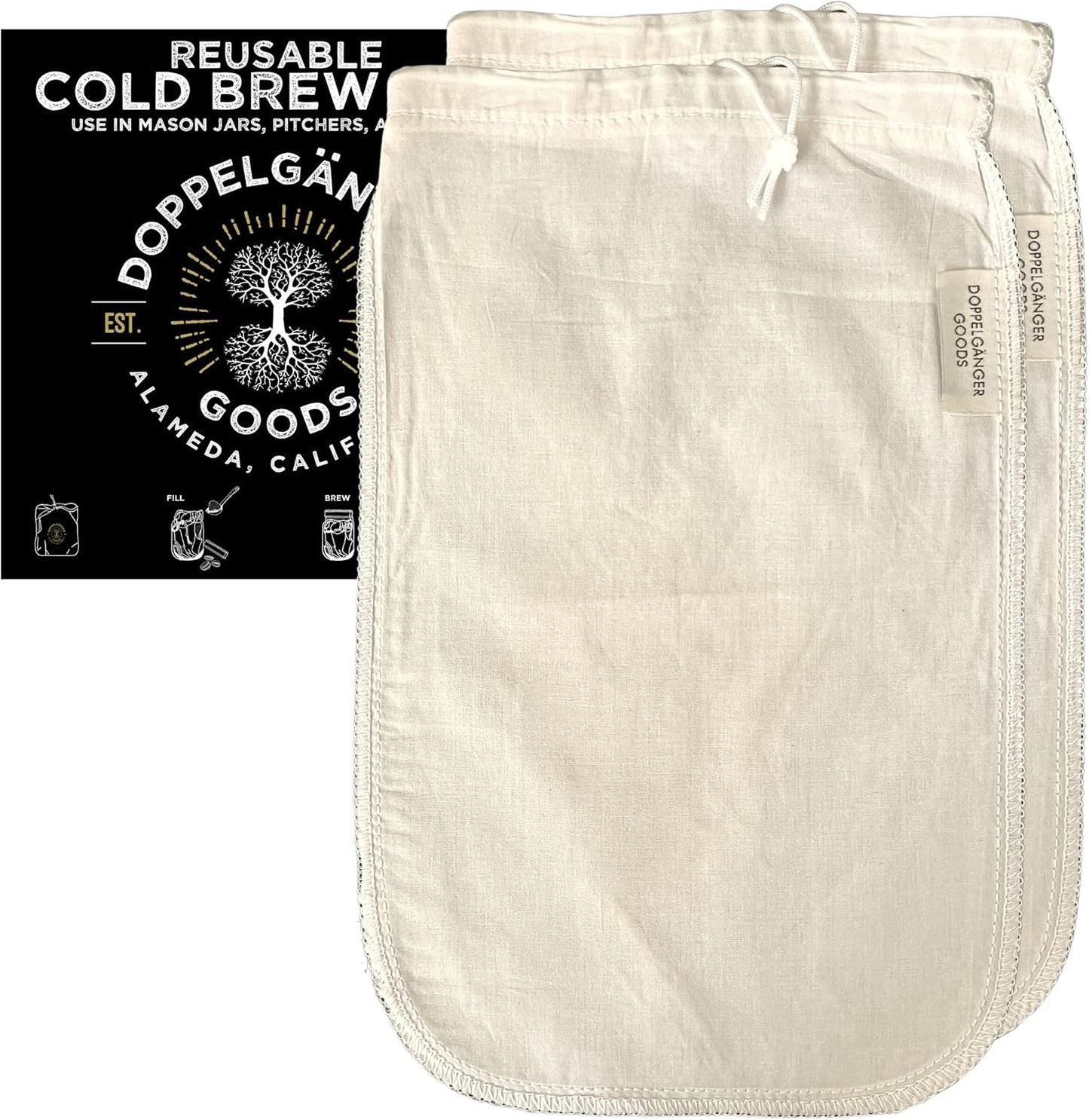 Organic Cotton Cold Brew Bag 2-Pack - EasyOpen Drawstring, Reusable Filter