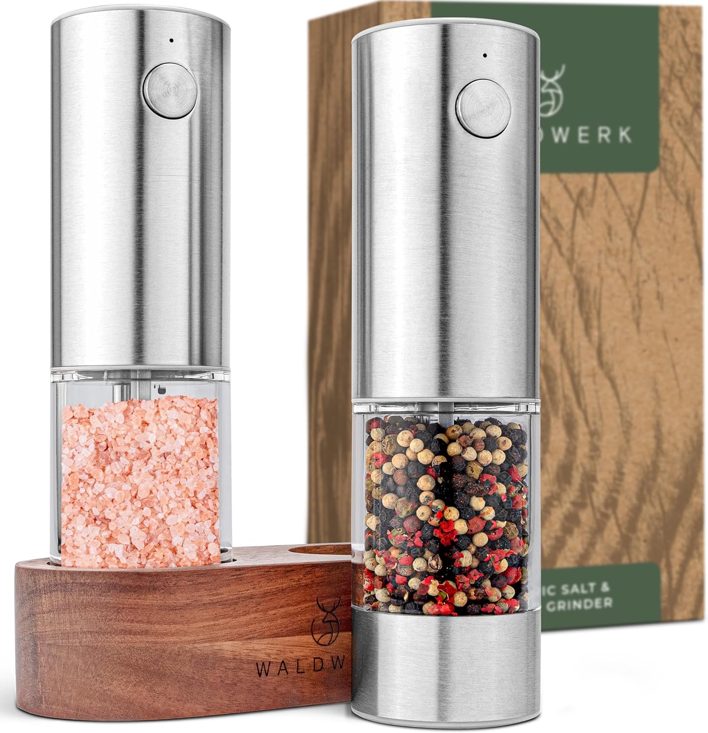 Electric Salt and Pepper Grinder Set with Acacia Wood Stand