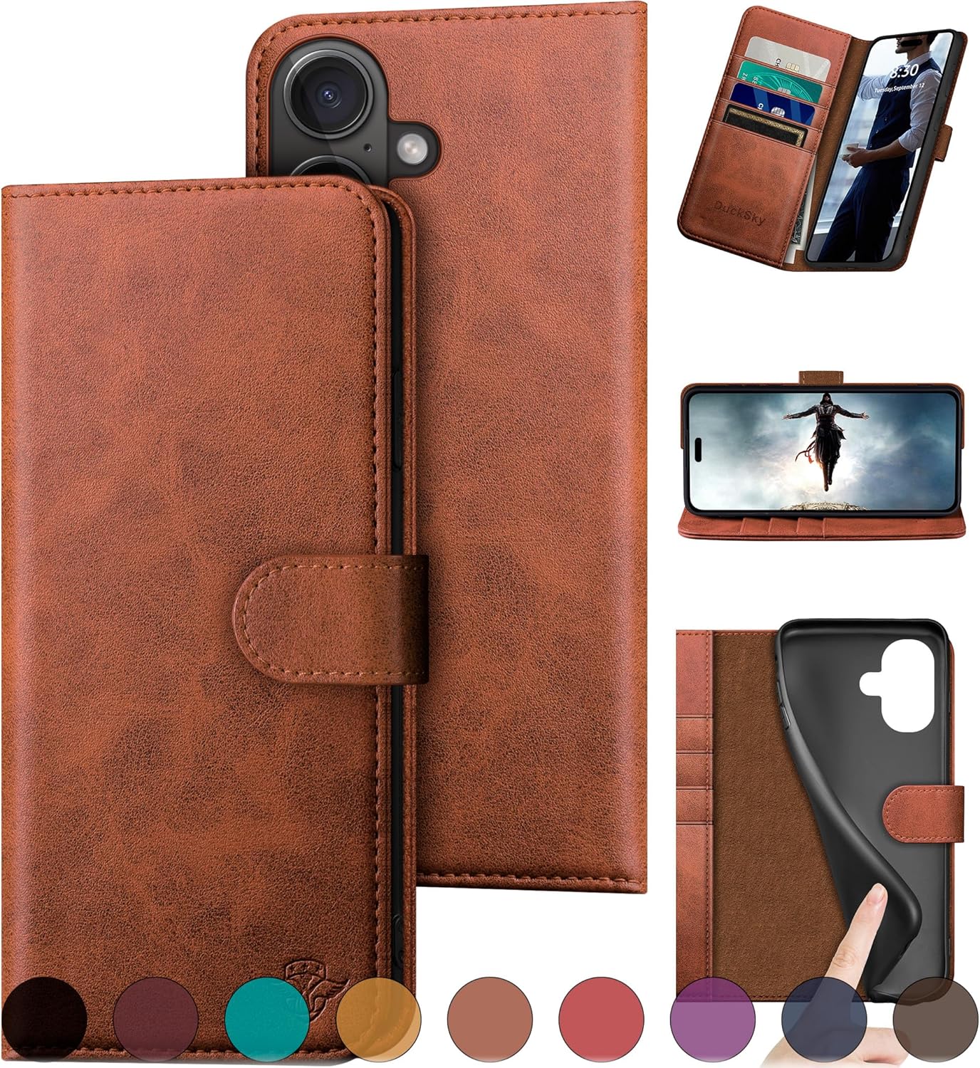 Compatible with iPhone 16 Genuine Leather Wallet Case for Protection