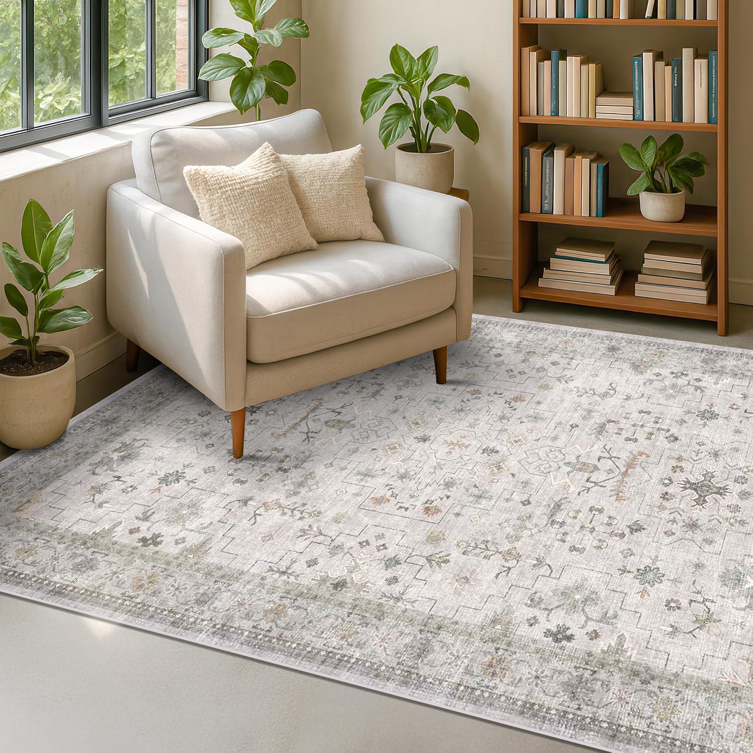 Boho Light Grey 5x7 Area Rug - Modern Vintage Floral Design