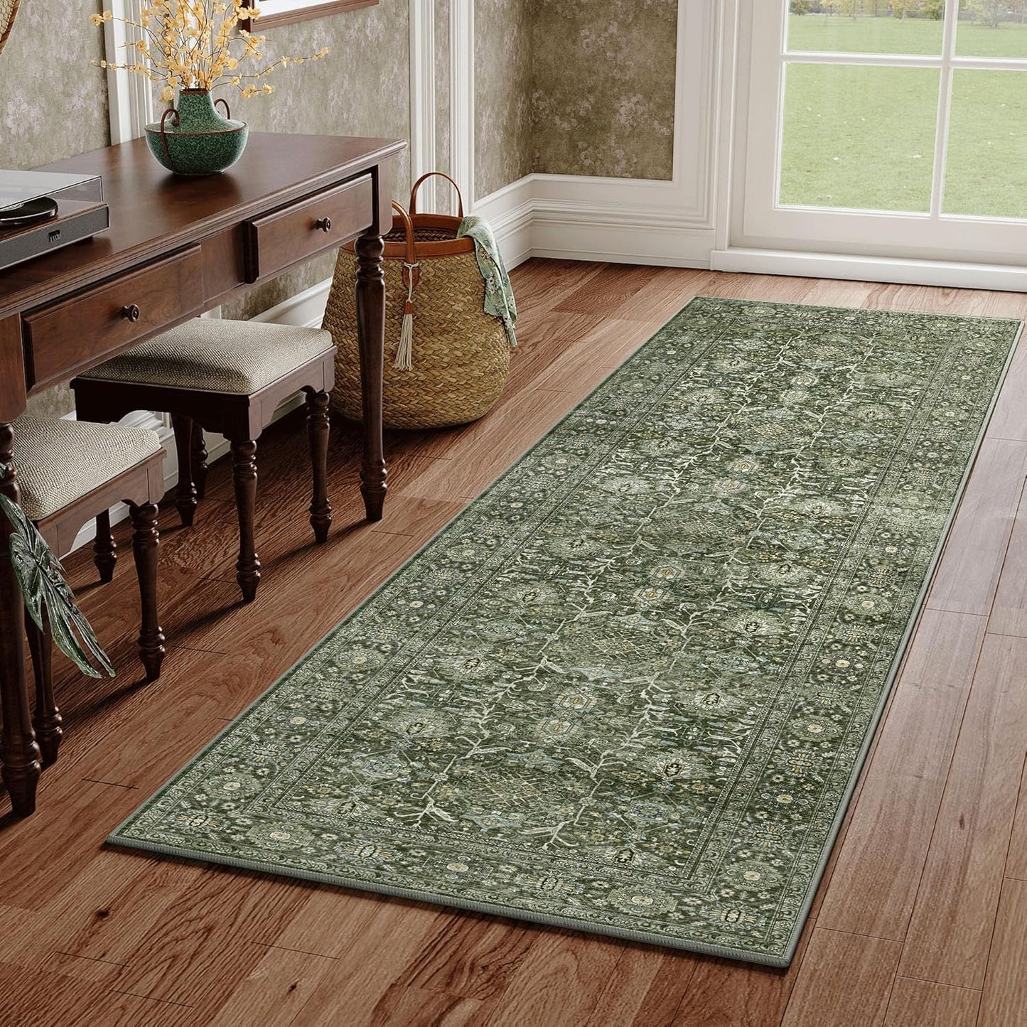Vintage Green Runner Rug 2x7 for Indoor Hallway and Kitchen
