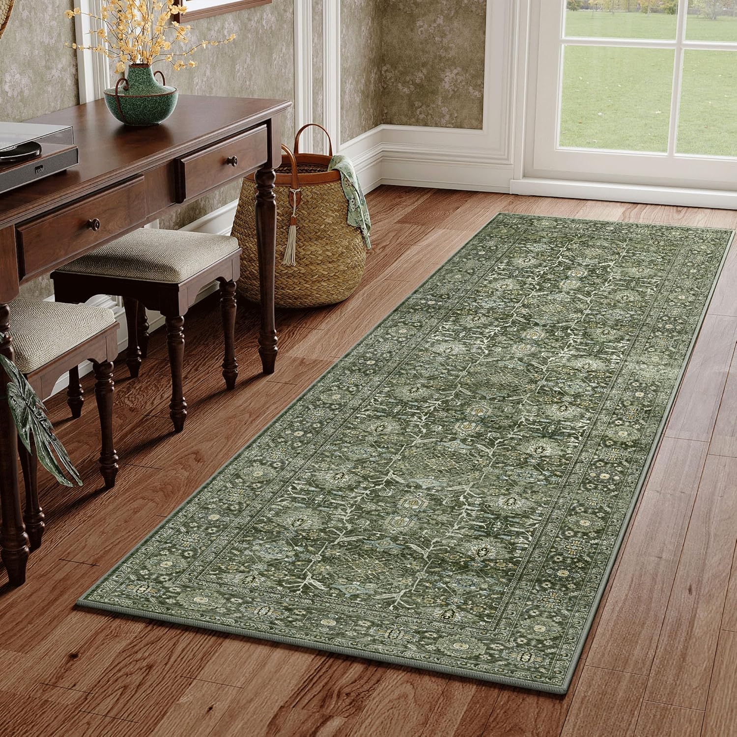 Vintage Green Runner Rug 2x7 for Indoor Hallway and Kitchen