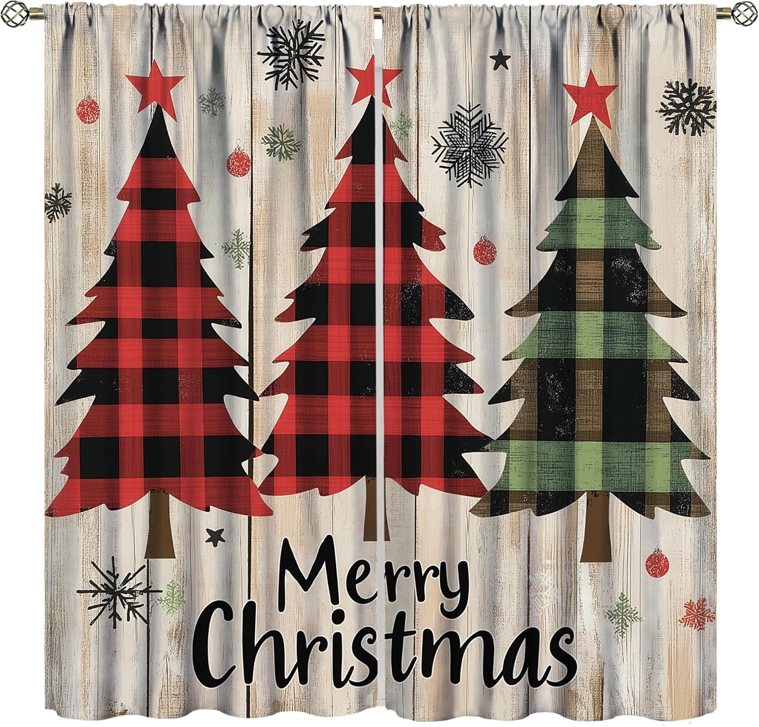 Light-Filtering Holiday Curtains w/Plaid Trees - Merry Christmas Design - 21 W x 45 L x2 - Red & Green