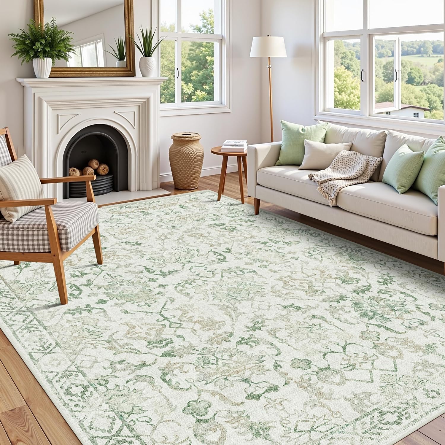 Vintage Green Area Rugs 8x10 for Living Room and Bedroom