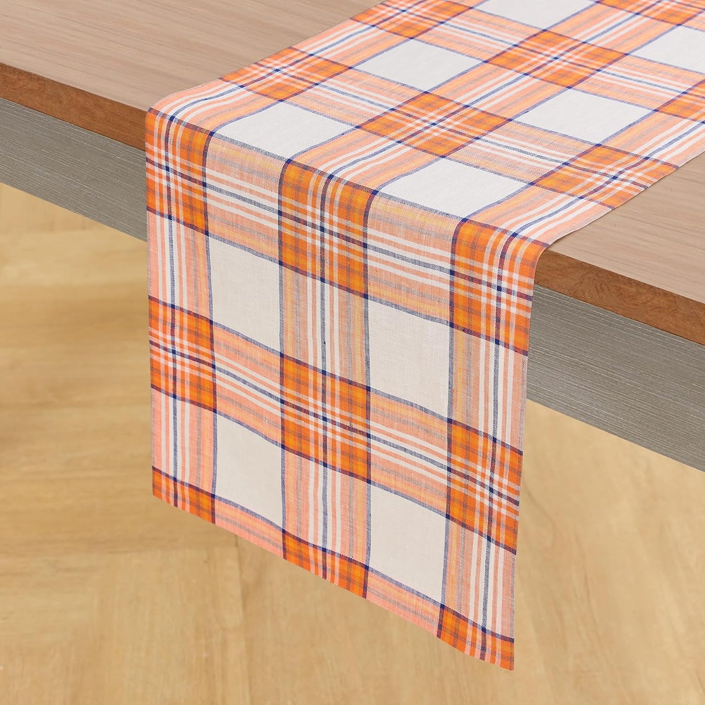 Pure Linen Orange Tartan Plaid Table Runner for Fall Decor