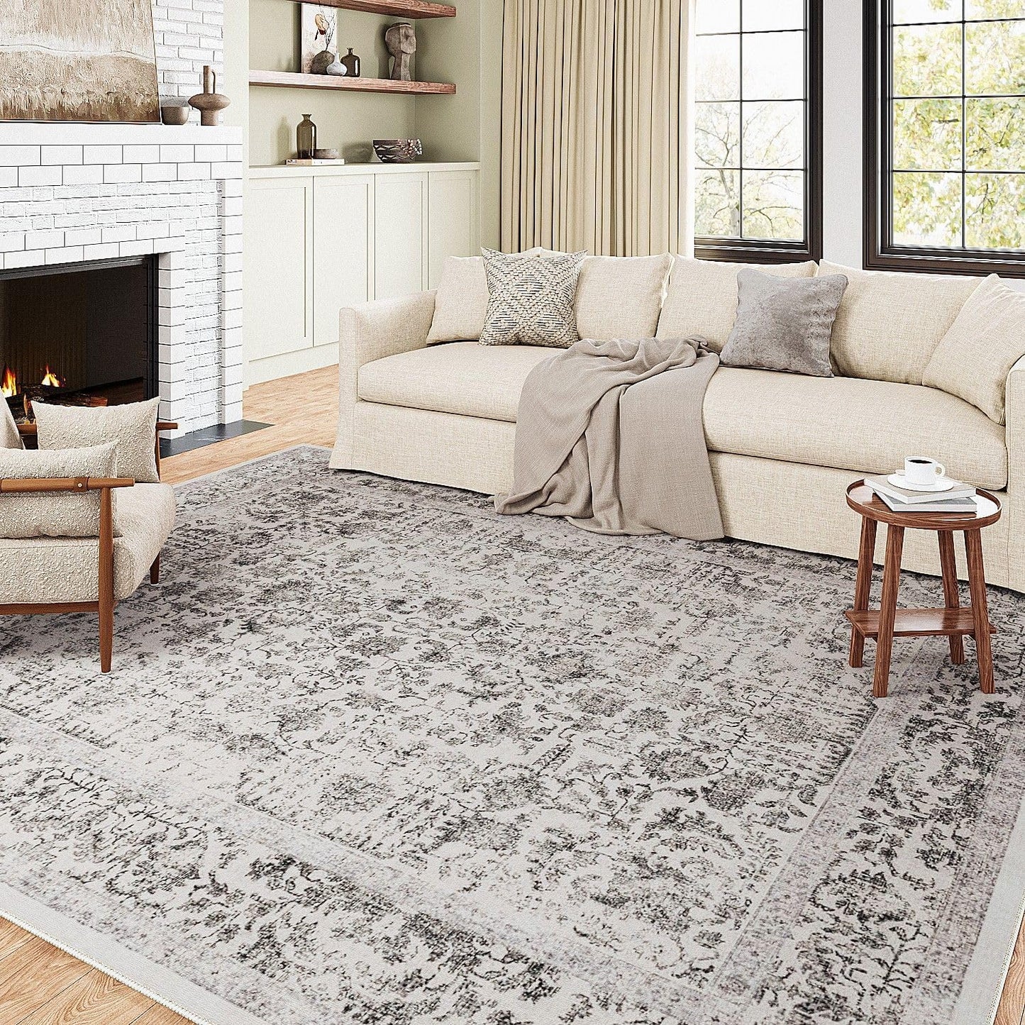 Vintage Black Area Rug 6x9 Machine Washable for Living Room