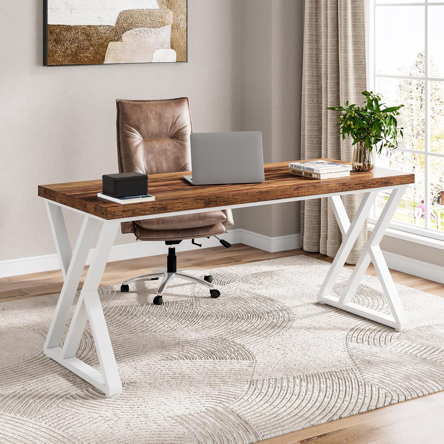 Tribesigns Modern Walnut/White 55in Heavy Duty Computer Desk