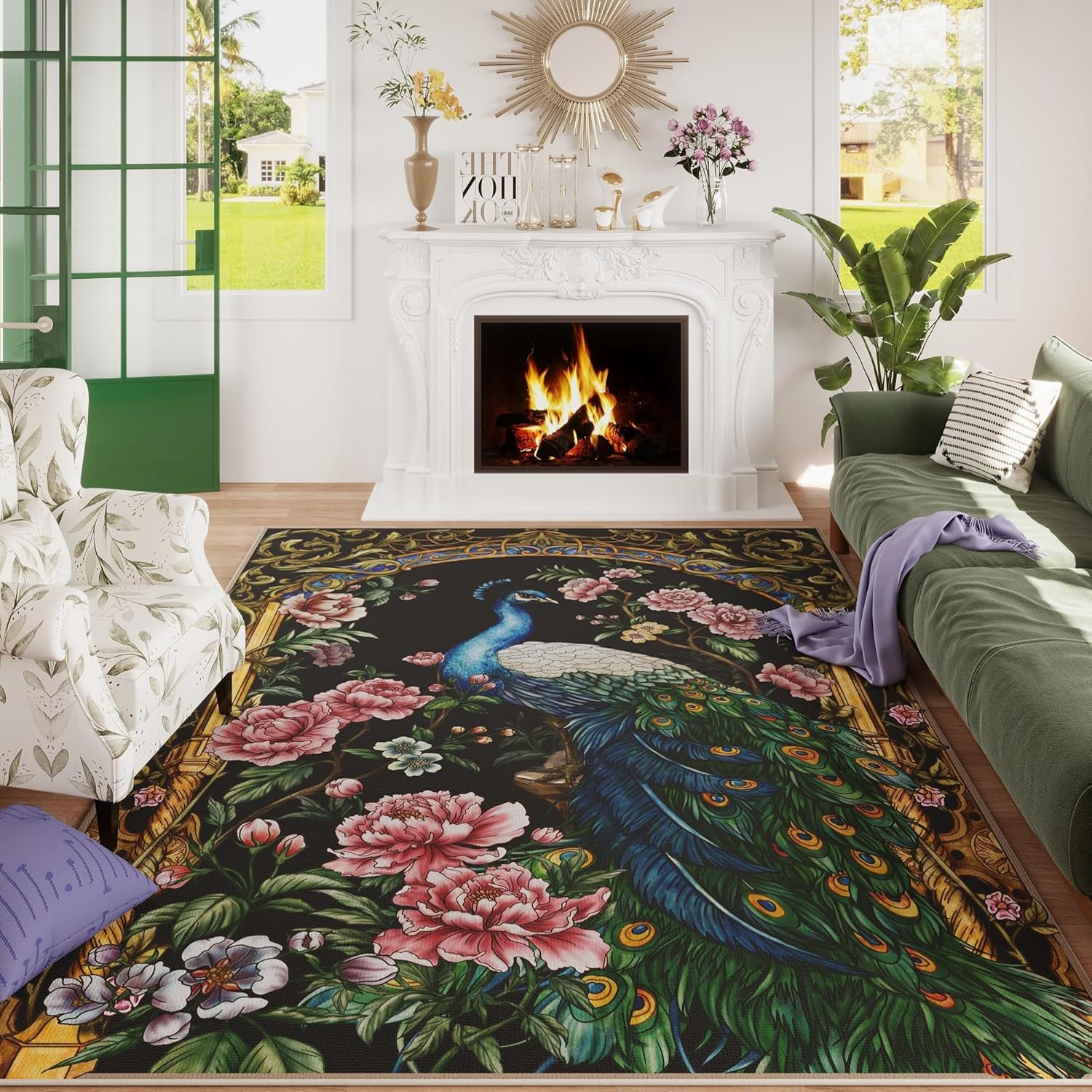 Area Rugs 8x10 for Living Room Clearance - Vintage Peacock Design