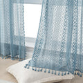 Cotton Sheer Slate Blue Tassel Crochet Curtains 63 in Panels - Boho
