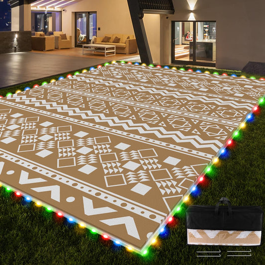 RV Outdoor Rug with Lights 9x12ft for Camping and Patio Use