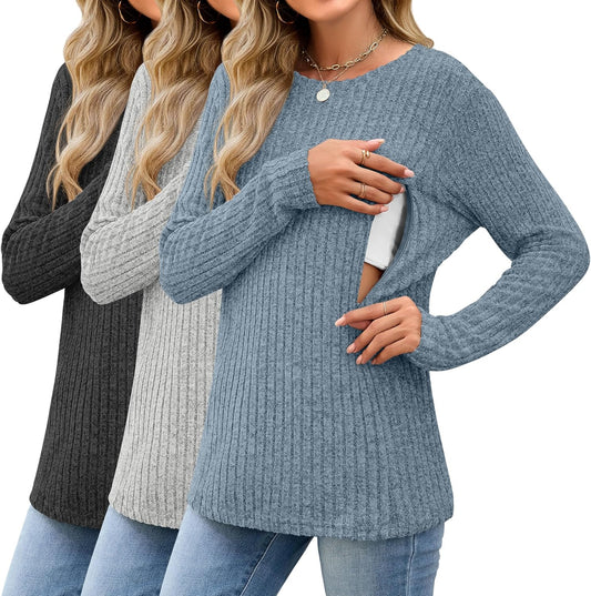 3 Pack Women's Nursing Long Sleeve Tops for Breastfeeding Comfort