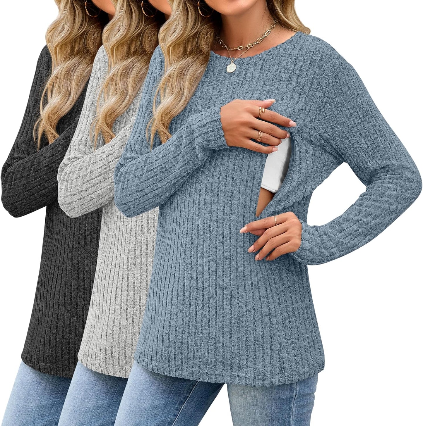 3 Pack Women's Nursing Long Sleeve Tops for Breastfeeding Comfort